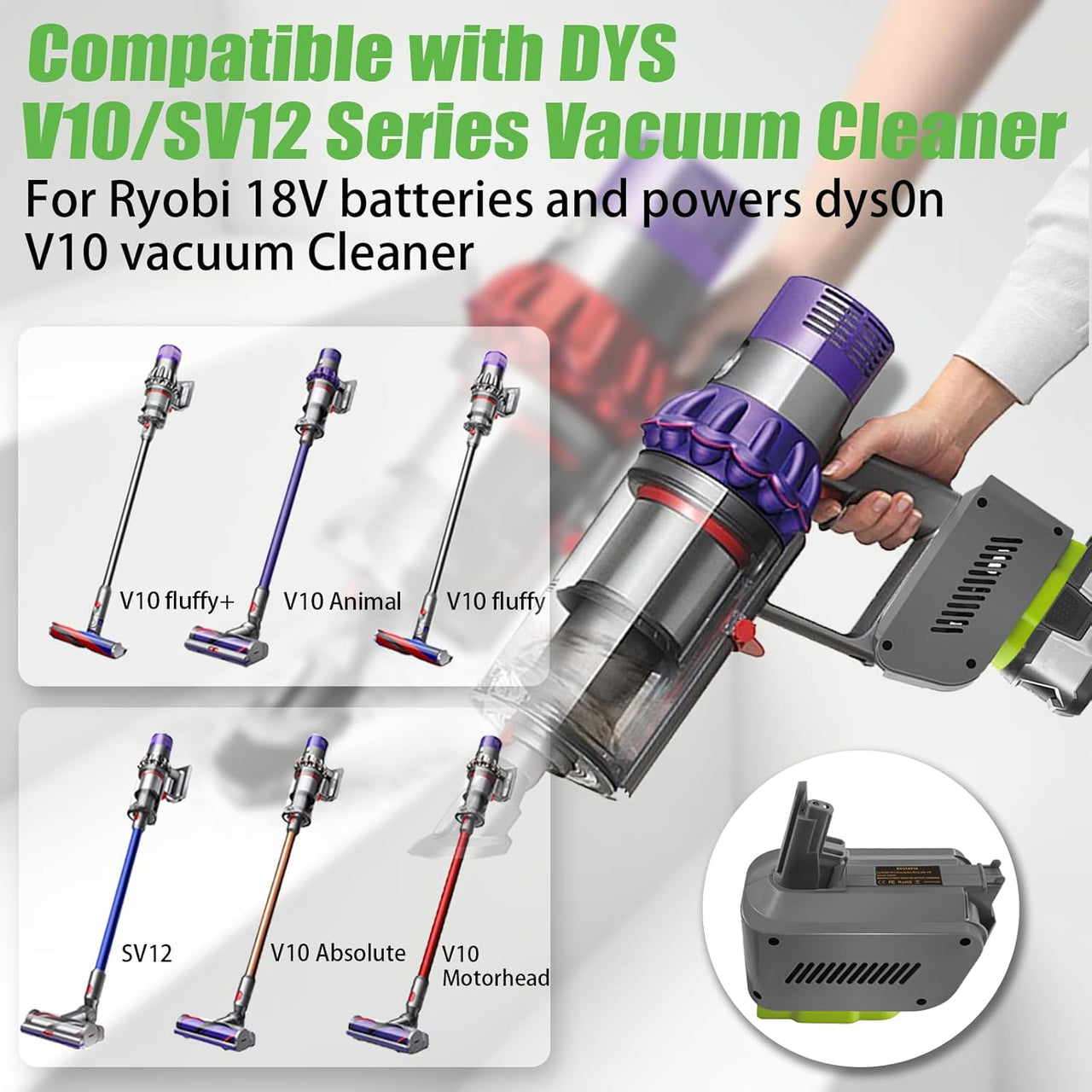 Dyson V10 Adapter for Ryobi 18V Lithium Battery Converter