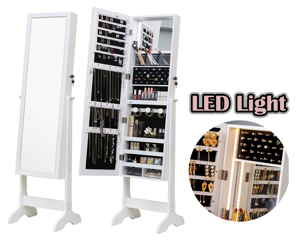 Standing Jewellery Cabinet With Led Lights Mirror - White