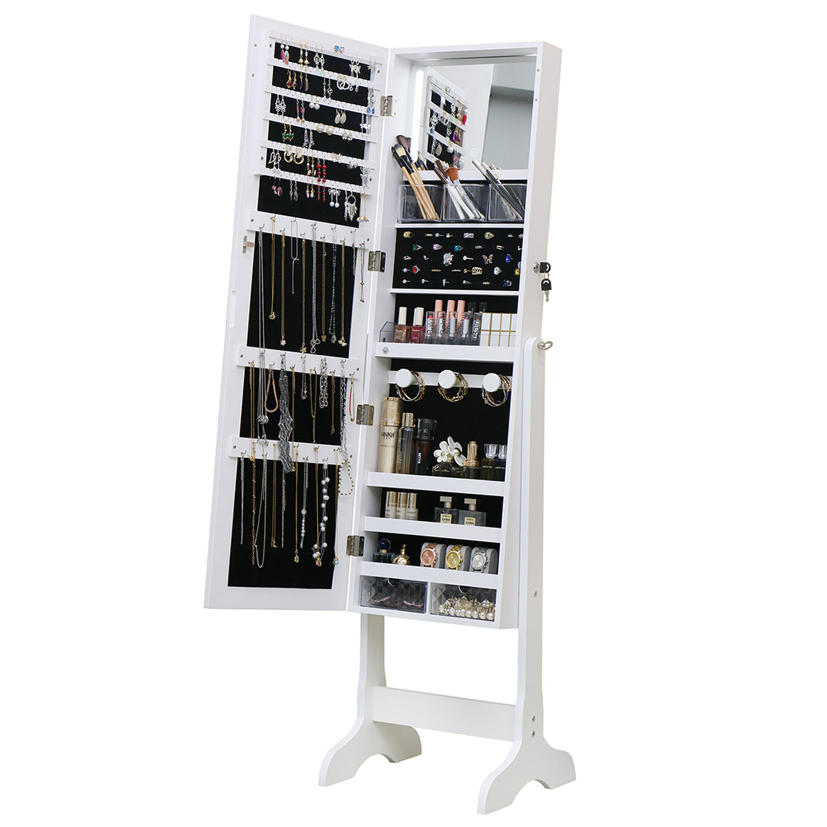 Standing Jewellery Cabinet With Led Lights Mirror - White