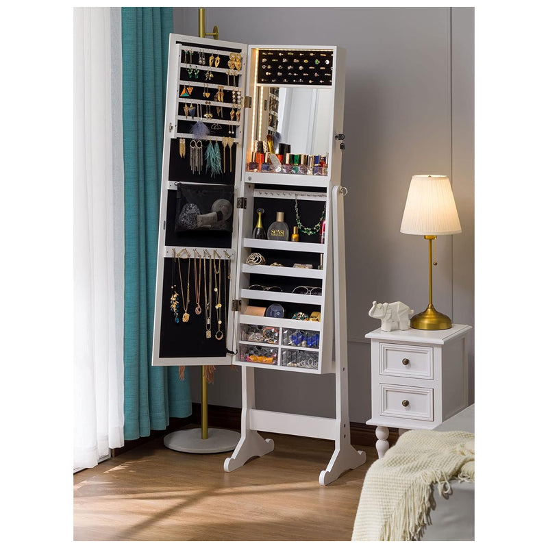 Standing Jewellery Cabinet With Led Lights Mirror - White