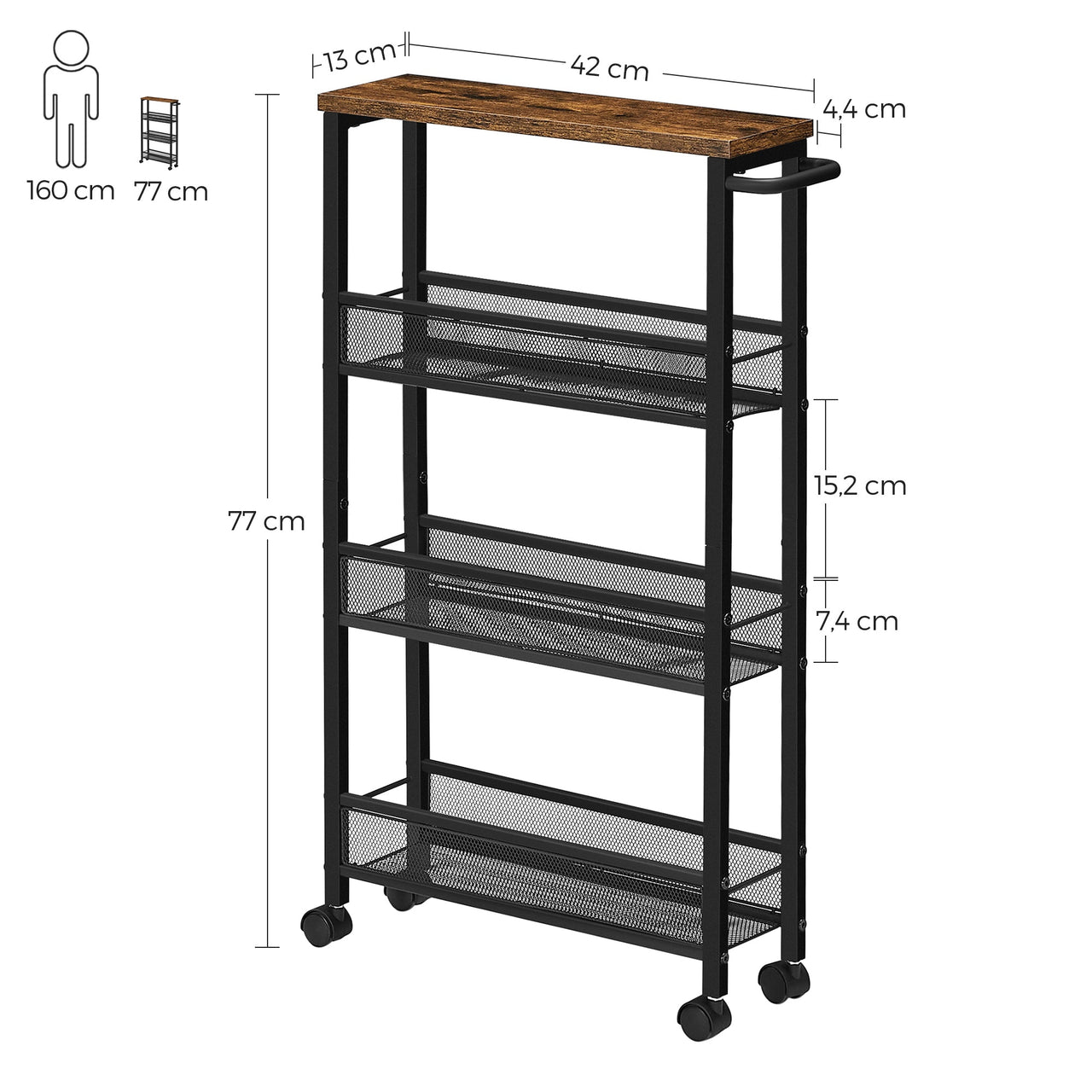 VASAGLE 3 Tiers Utility Rolling Cart Kitchen Trolley