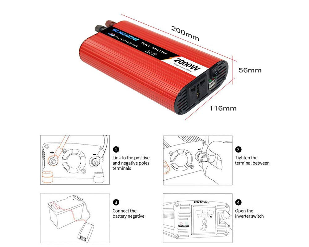 2000W Power Inverter DC 12V to 230V AC Converter with Universal Socket AC Outlets