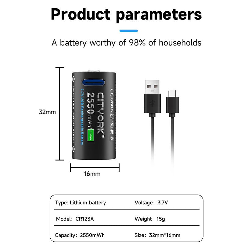 CR123A Rechargeable Battery Pack Type-C Cable