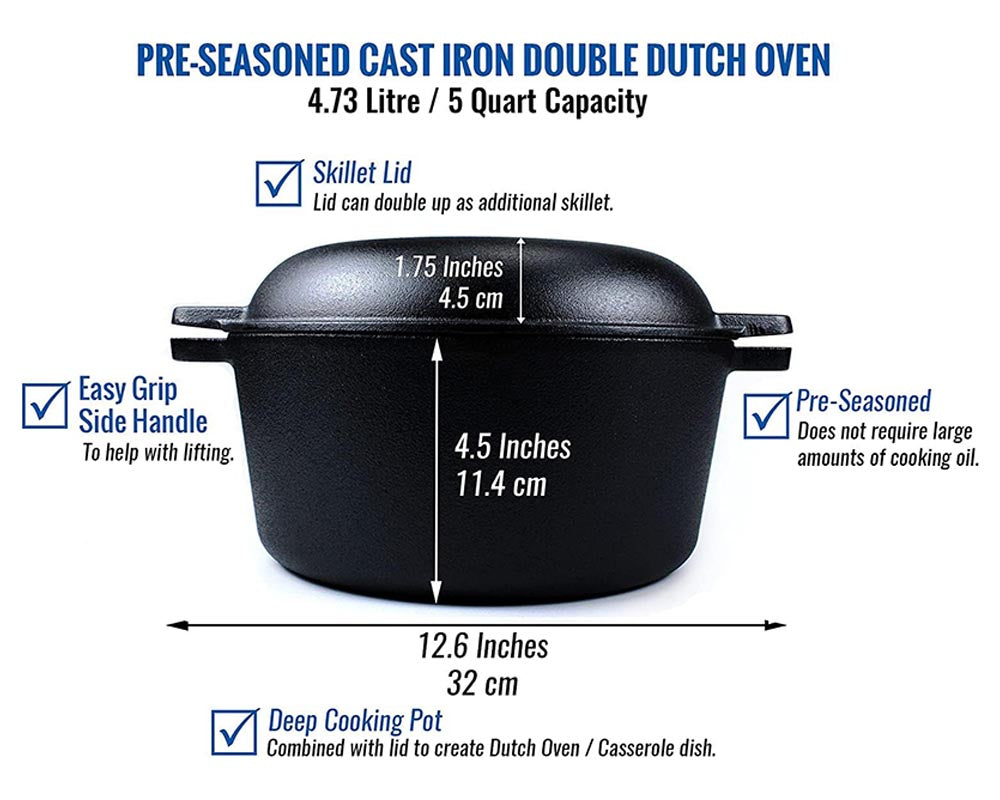 2 in 1 Cast Iron Dutch Oven Sauce Pan Skillet Set