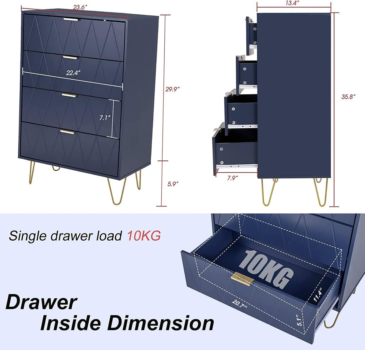 Tallboy Chest of Drawers - 4 Drawers (Navy)