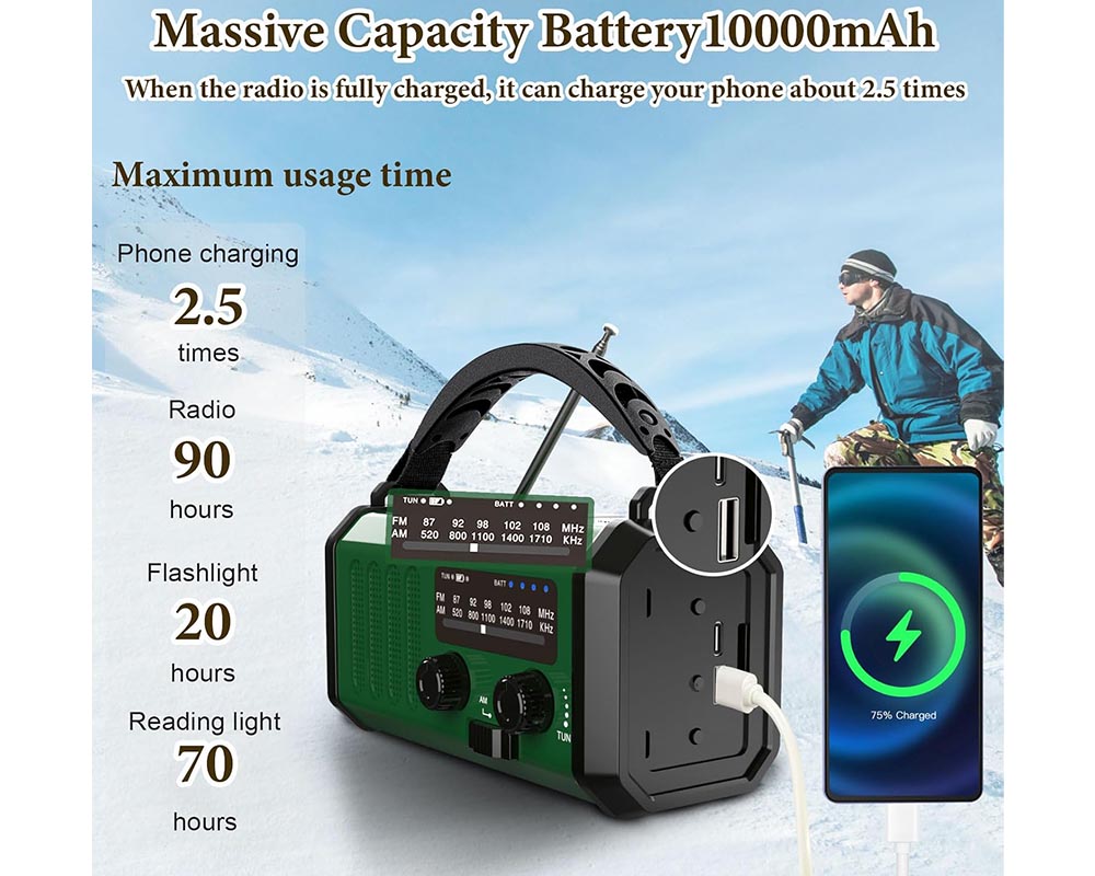 Solar Powered FM Radio 10000mAh Battery