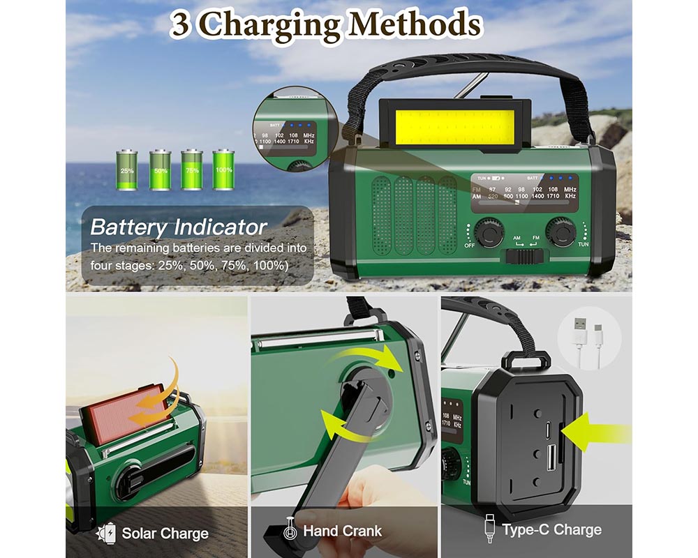 Solar Powered FM Radio 10000mAh Battery