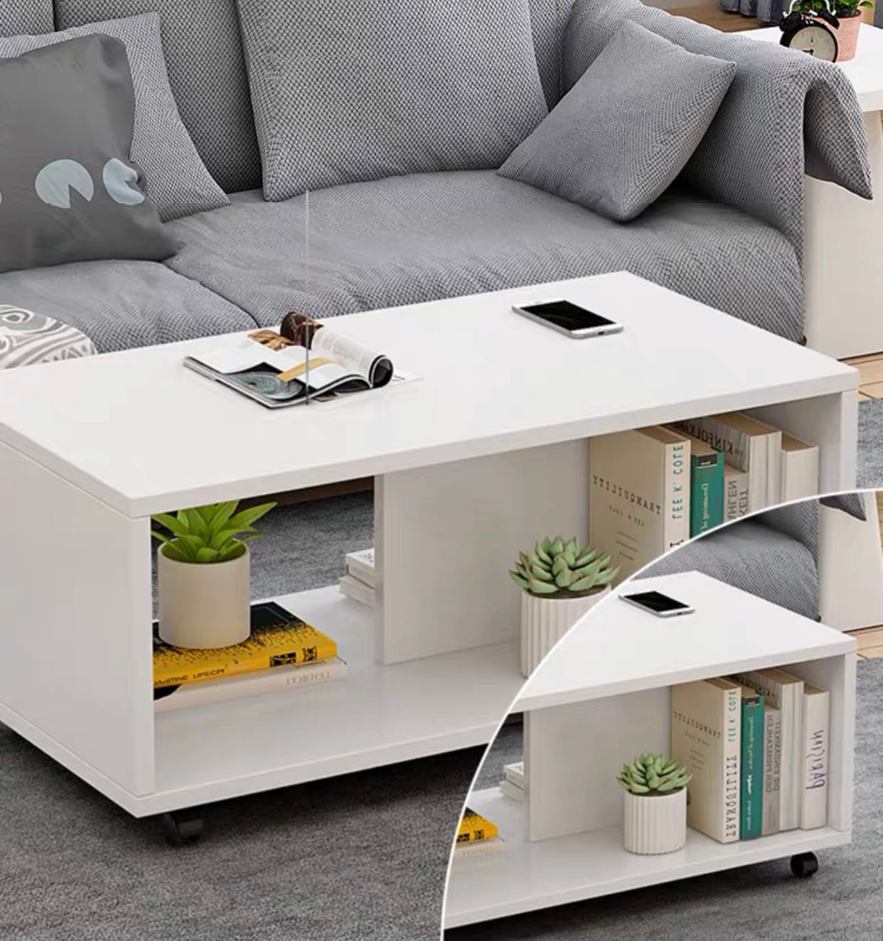 Coffee Table White with Wheels - Homyspire NZ