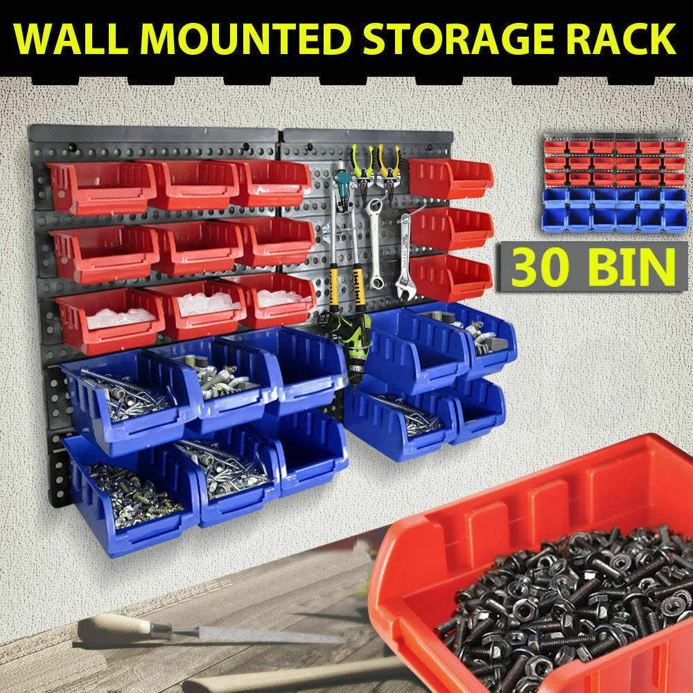 Wall Mounted Garage Organiser / Parts Rack With 30 Bins