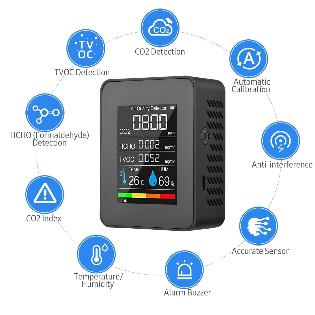 Portable Air Quality Detector,Indoor CO2 Digital Meter 5 in 1 Tester for CO2, Formaldehyde, TVOC, Temperature, Humidity