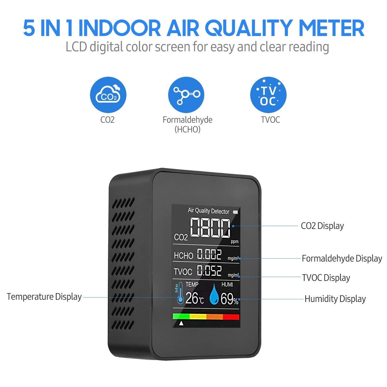 Portable Air Quality Detector,Indoor CO2 Digital Meter 5 in 1 Tester for CO2, Formaldehyde, TVOC, Temperature, Humidity