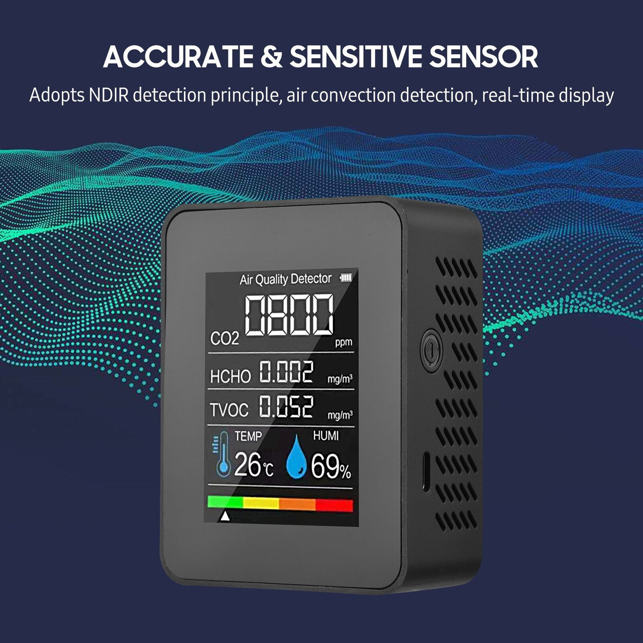 Portable Air Quality Detector,Indoor CO2 Digital Meter 5 in 1 Tester for CO2, Formaldehyde, TVOC, Temperature, Humidity