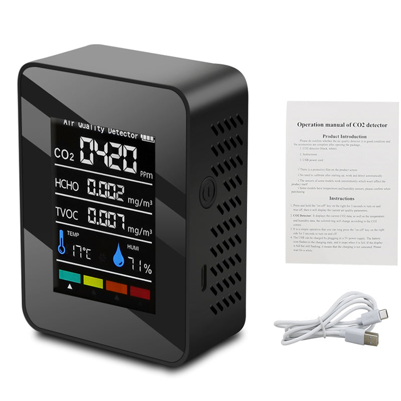 Portable Air Quality Detector,Indoor CO2 Digital Meter 5 in 1 Tester for CO2, Formaldehyde, TVOC, Temperature, Humidity