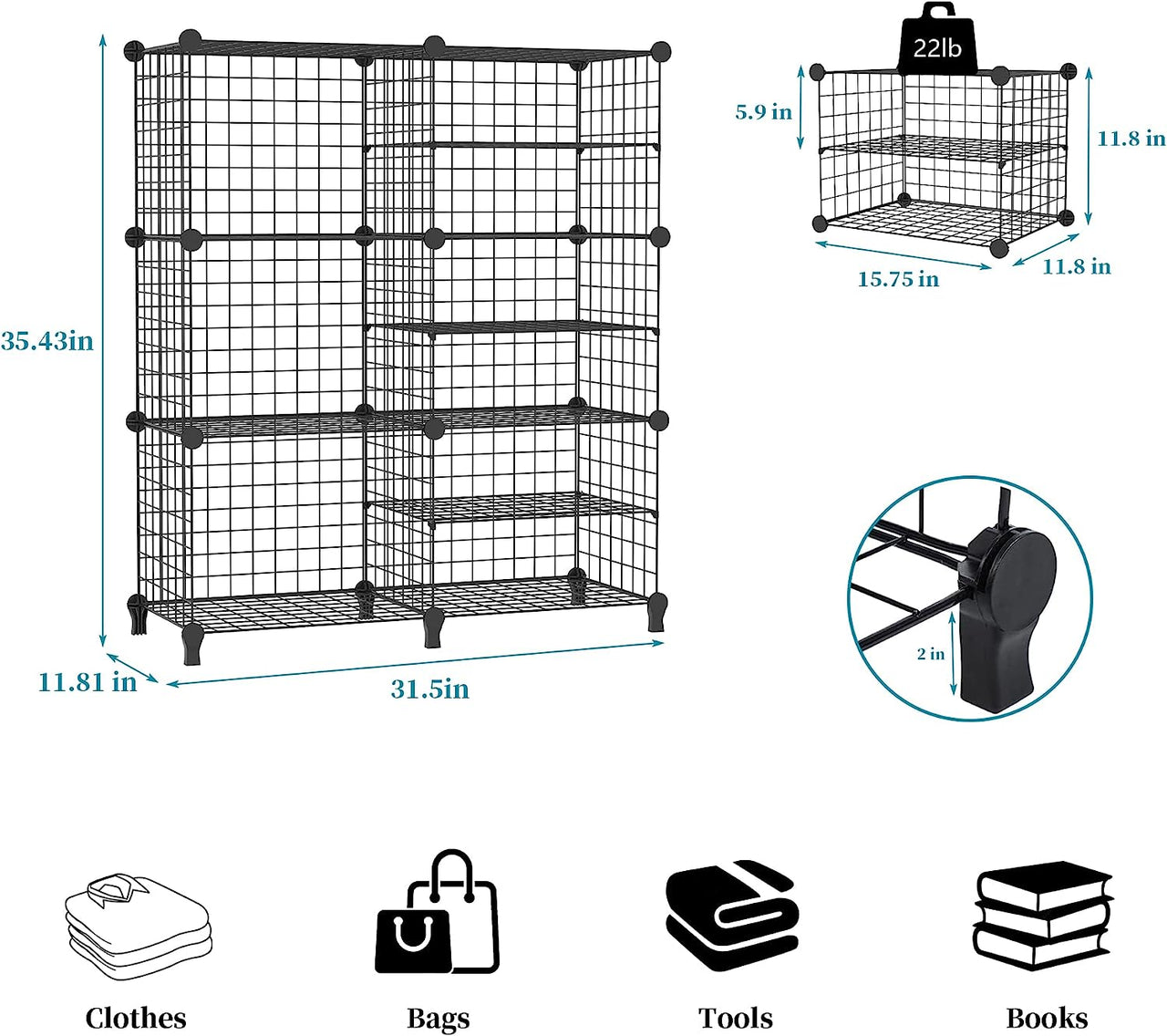 6 Cubes Black DIY Wire Storage Shelves Wardrobe