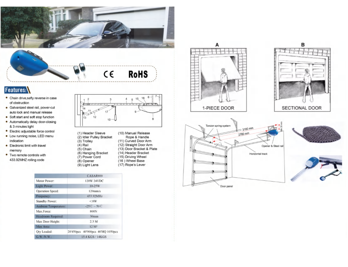 Garage Door Opener - Sectional / Tilt Door - 800N - 12M2