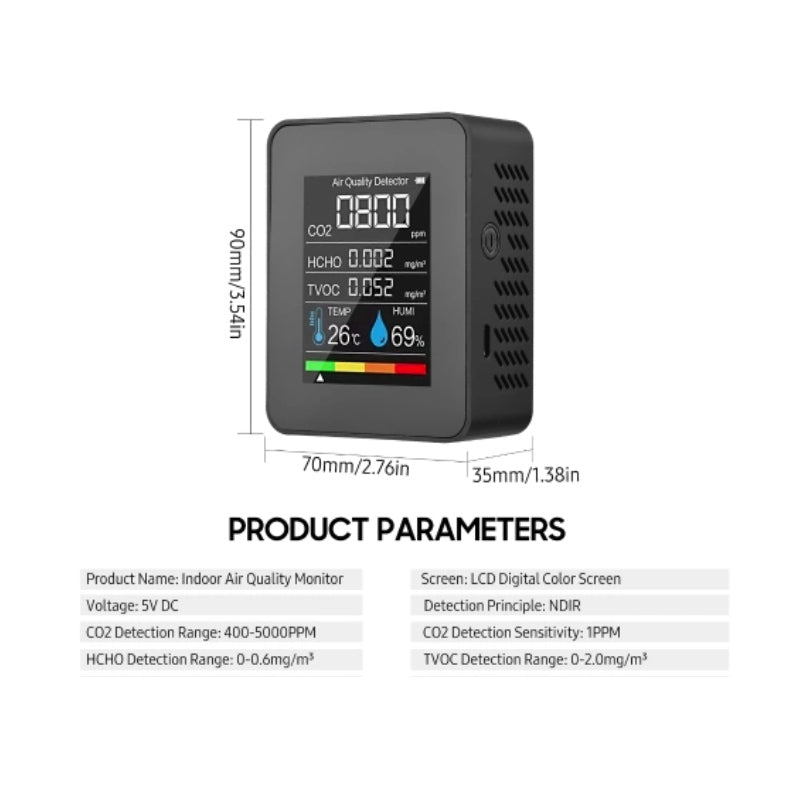 Portable Air Quality Detector,Indoor CO2 Digital Meter 5 in 1 Tester for CO2, Formaldehyde, TVOC, Temperature, Humidity